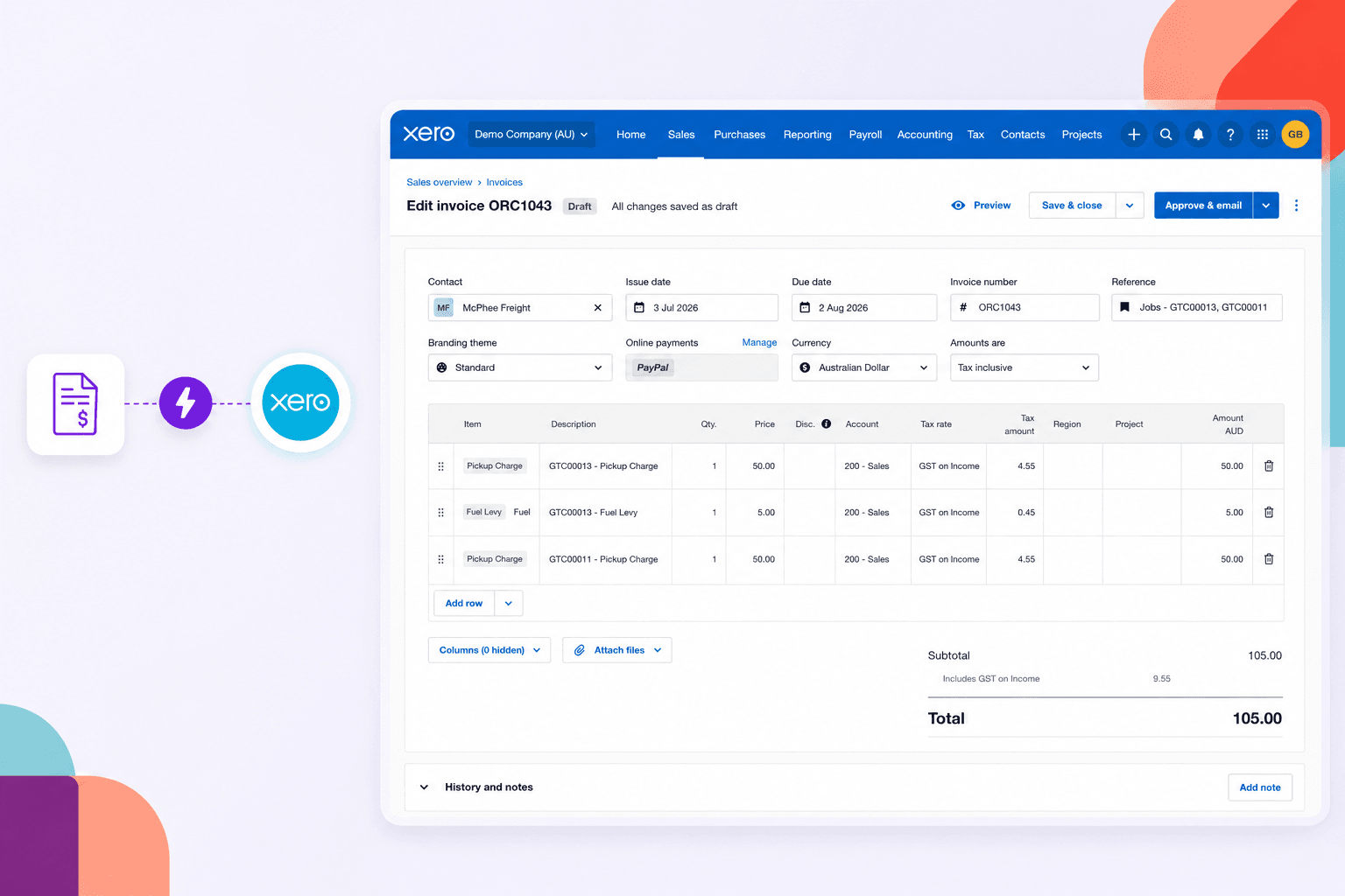 An invoice created in Xero from a completed Dspatch job