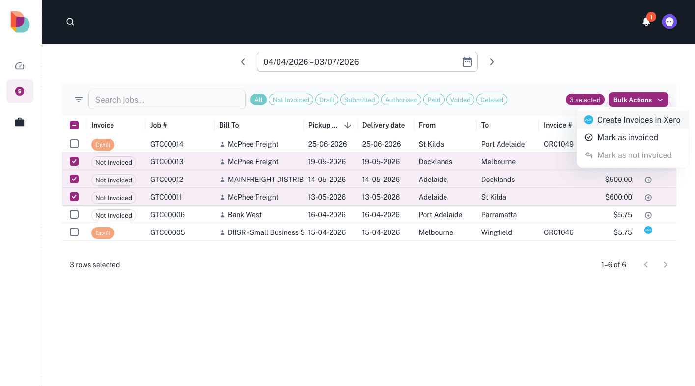 A completed Dspatch job turned into an invoice in Xero